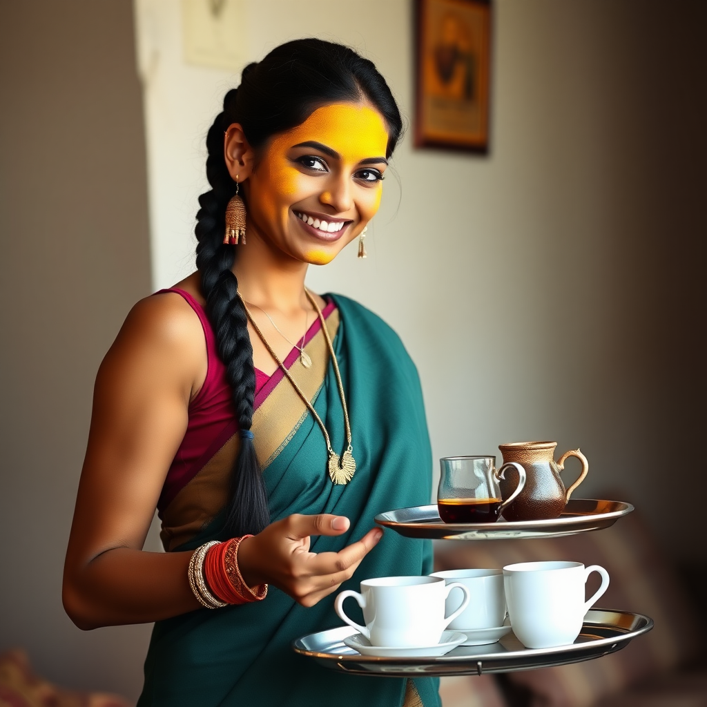 slim, 30 year old, sexy, traditional indian wife, hair braid, turmeric face mask. She is smiling and serving coffee on a tray to guests.