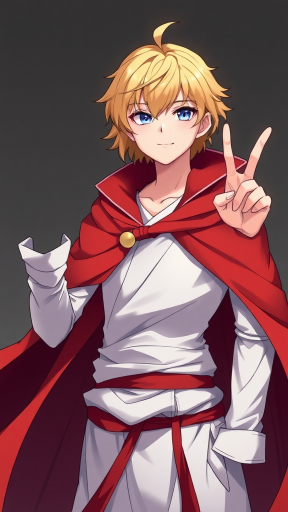 anime blonde boy peace sign, white robe, red cape, flat chest, flat chested, feminine face