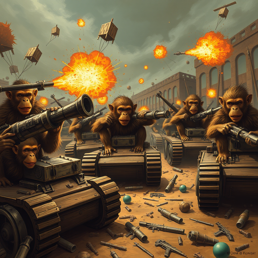 Art of a horrifying-ridiculous gruesome warfare, armies of brown-hairy monkeys riding in wooden makeshift tanks shooting cannons into the air exploding