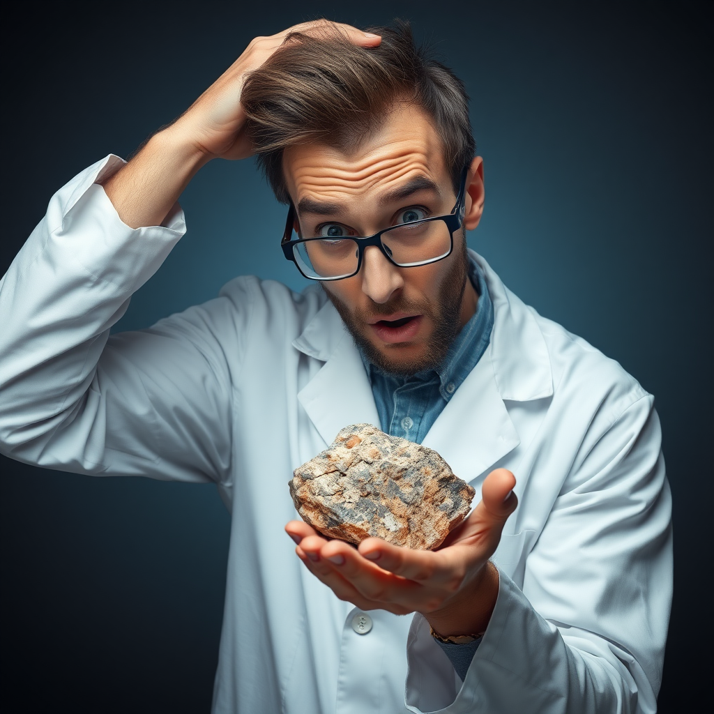 a very surprised scientist looking a normal rock in his hand very curiously and overreacting, showing a lot of strong emotions, with the other hand on his head