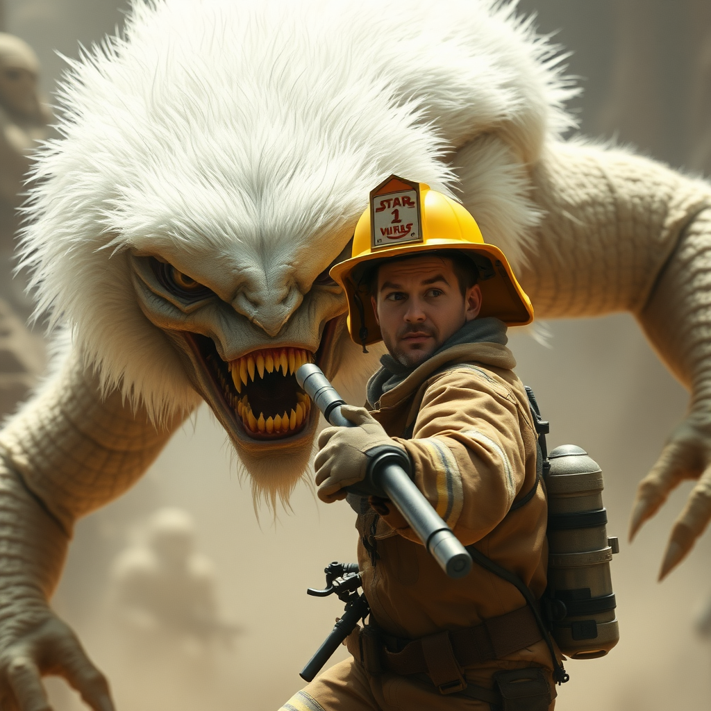 A fireman fighting a giant alien in a Star Wars-like setting, the alien must be furry, white, and with big fangs. The face of the fireman must be visible.