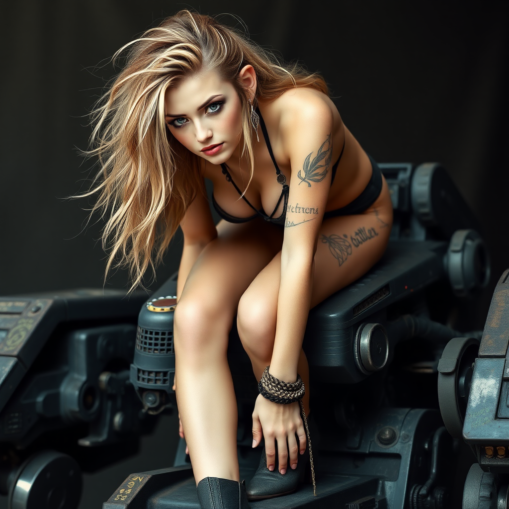 An elven girl resembling Ana de Armas, messy strawberry blonde hair, athletic, bent over, on top of a Battletech mech. Pale skin, freckles, eyeshadow like Avril Lavigne. Nose-ring, tattoos, crop top, thong. High heel ankle boots.