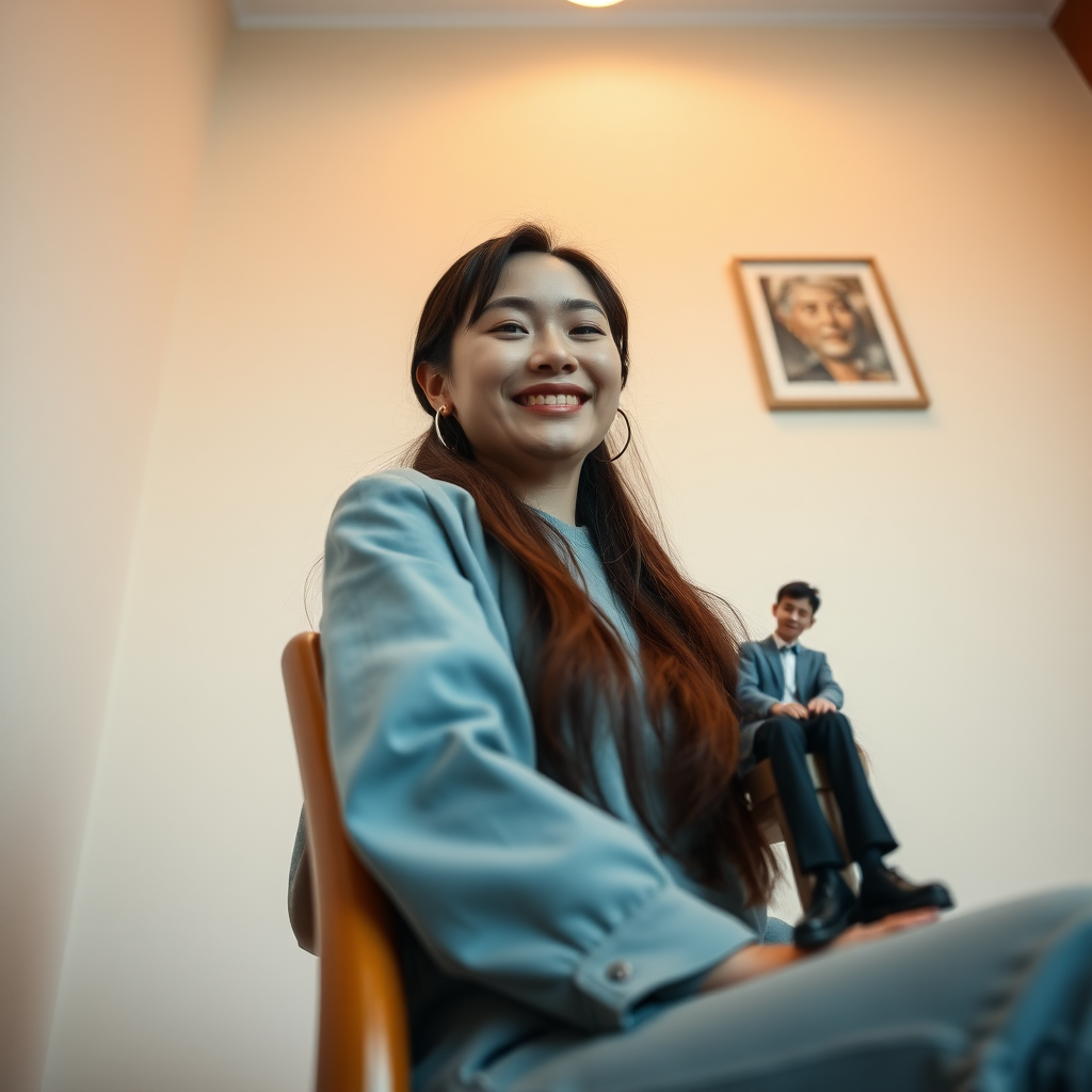 photo low angle full body shot beautiful xiaomeimei looking down. She is sitting on a chair. she is grinning. a 3-inch man sits on the edge of the chair