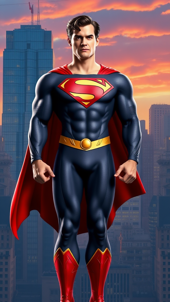 Create a full-length render of Superman, incorporating the musculature of Elastigirl for the body shape. Retain Superman's head, hairstyle, and facial features. Update the original costume by adding embellishments and adjusting it to fit the new proportions. Design a background that draws inspiration from both characters, blending elements of Superman's iconic cityscapes and Elastigirl's vibrant, dynamic surroundings. Ensure the overall image reflects a harmonious combination of their styles while maintaining distinct characteristics of each hero.