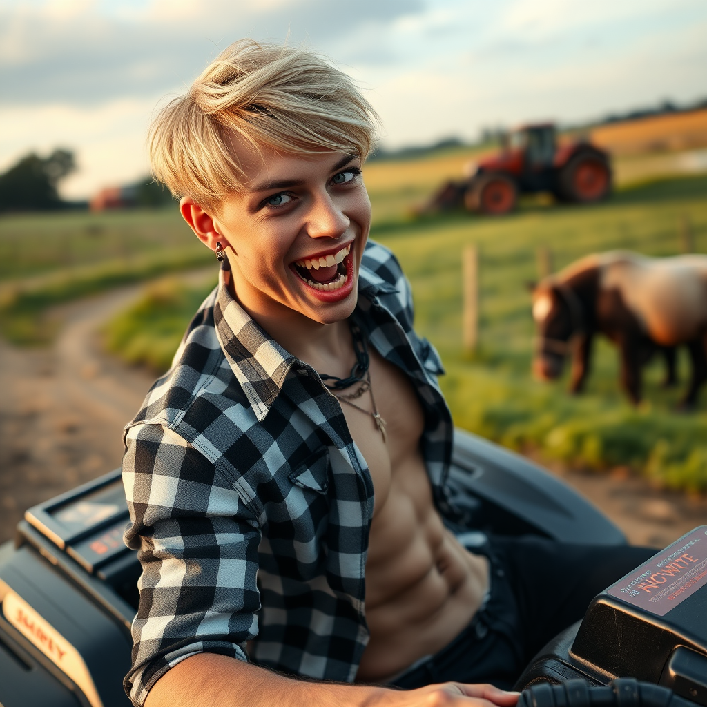 photorealistic, ultra high resolution, 16K, surreal fantasy, soft studio lighting, Tyler Swift is a pretty 14 year old goth male, slim male physique, blonde hair, blue eyes, vampire long canine teeth, goth makeup, earrings, shiny black pantyhose, stilettos, checked shirt, spikey neck collar chain, riding a quadbike on a farm during daytime, excited open mouth smile, bulging crotch, wide view from side with Tyler facing the camera.