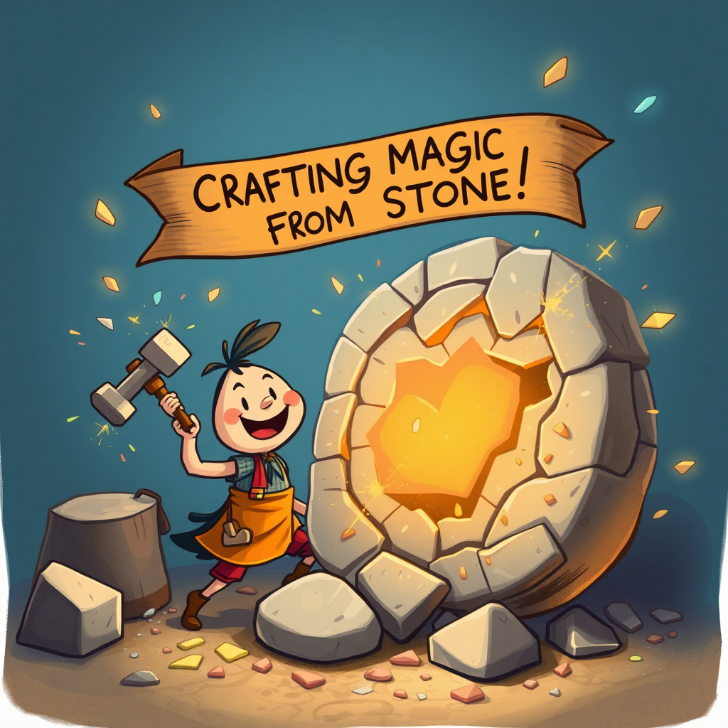 An imaginative scene of a cheerful character with a hammer gently chipping away at a large block of stone, creating beautiful shapes, surrounded by colorful sparks and flying pieces, with a banner overhead reading, "Crafting Magic from Stone!"