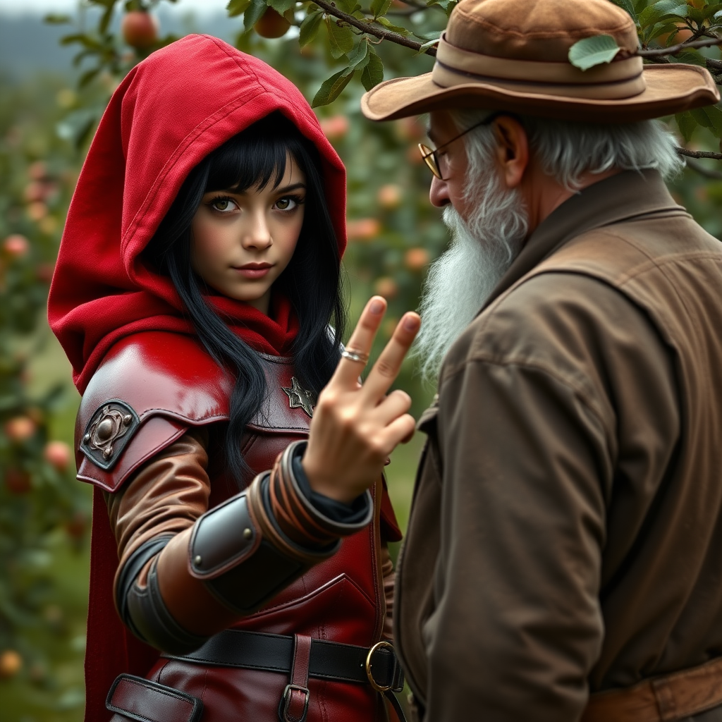 A photo realistic girl with black hair and brown eyes in red leather armor and a red hood holding up a gold finger ring to an old man in dirty work clothes while standing in an apple tree orchard.