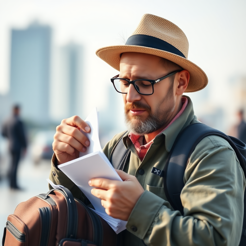 create a photo realistic image of a tourist who is looking for a document in his travel bag but cannot find it and is stressful. Make the image rectangle and not square