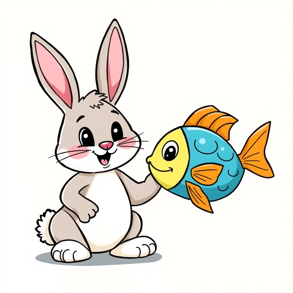 Draw a cartoon image of a bunny and a fish that are friends.