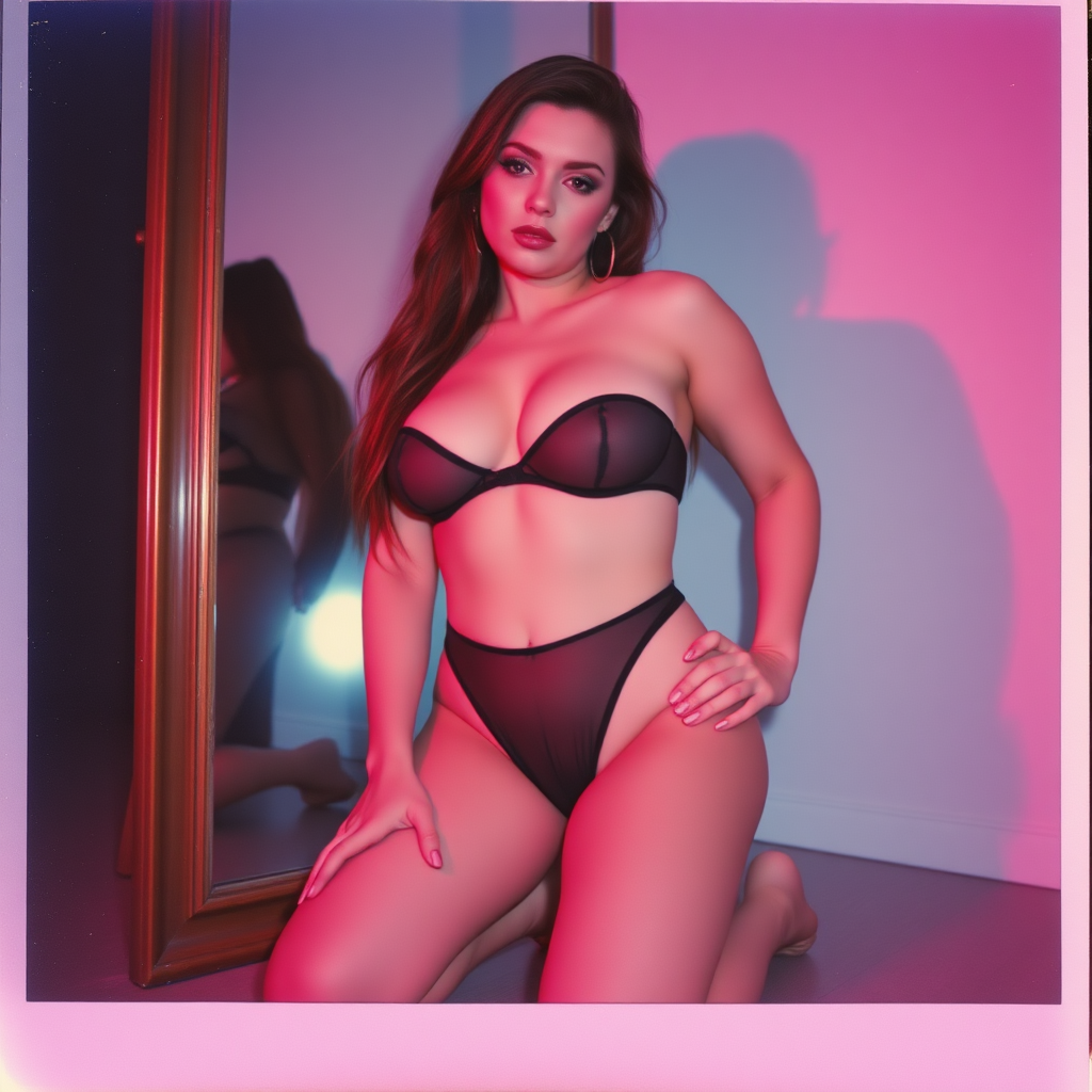 old polaroid photo with heavy vignetting and pink and blue artistic studio lighting color tint and light leak, depicting a sexy curvy thicc pale white alt goth girl with eye makeup panting, wearing a tiny revealing black see thru bikini gstring thong with a small outline of her labia and nipples visible, kneeling over a mirror