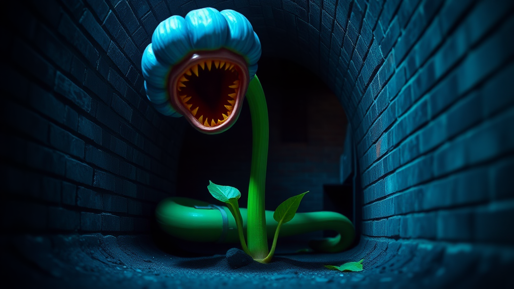 Interior. low depth of field. Underground scene with brick walls and floor. Blue tinted lighting. a large green drain pipe sticks out of the ground. growing out of the pipe opening, a monster with the head of a blue flower bulb, large mouth with pointy yellow teeth. Its body is a green flower stem with green leaves.