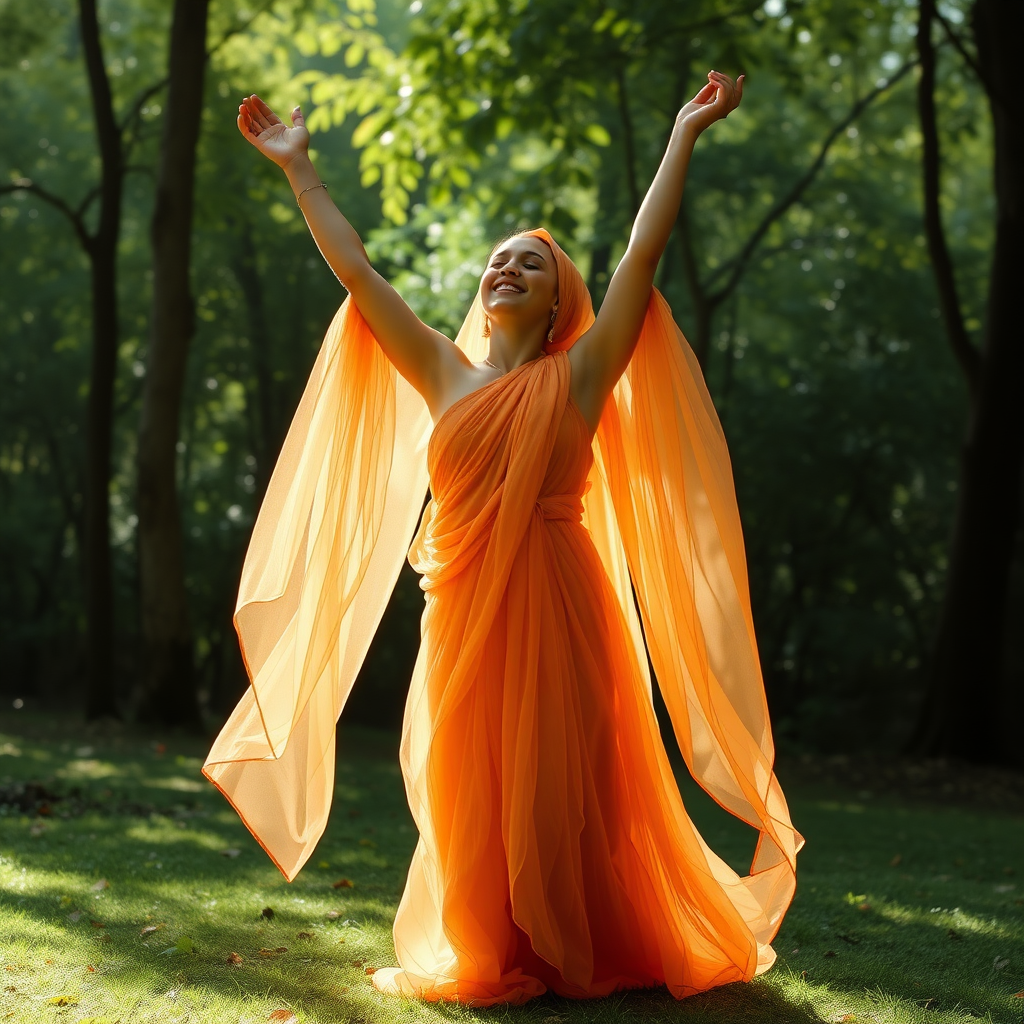 Yogi in gossamer gown her arms raised