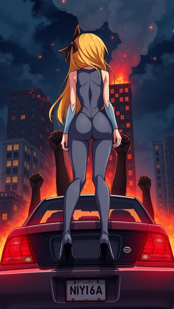 A anime drawing: A very close up-cropped view one-piece tight-grey suit baddie-white girl, long yellow blond standing on top, legs split out on top of a car booty, looking front-facing backside, behind a building completely on fire at night afar, 4 hands of black African-fist raised in the air near her