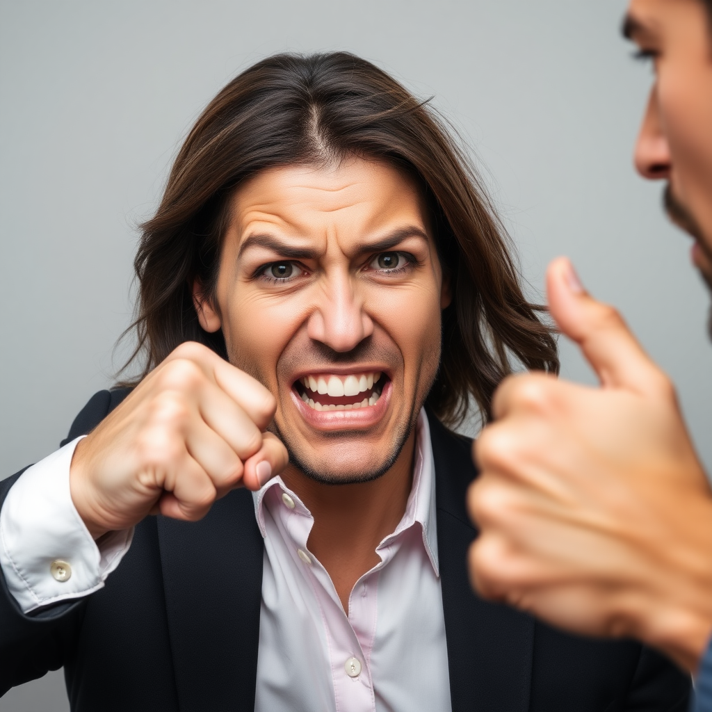 mature attractive business woman punching a man in the face, the fist is hitting his angry face and making strong impact, he looks visually disturbed