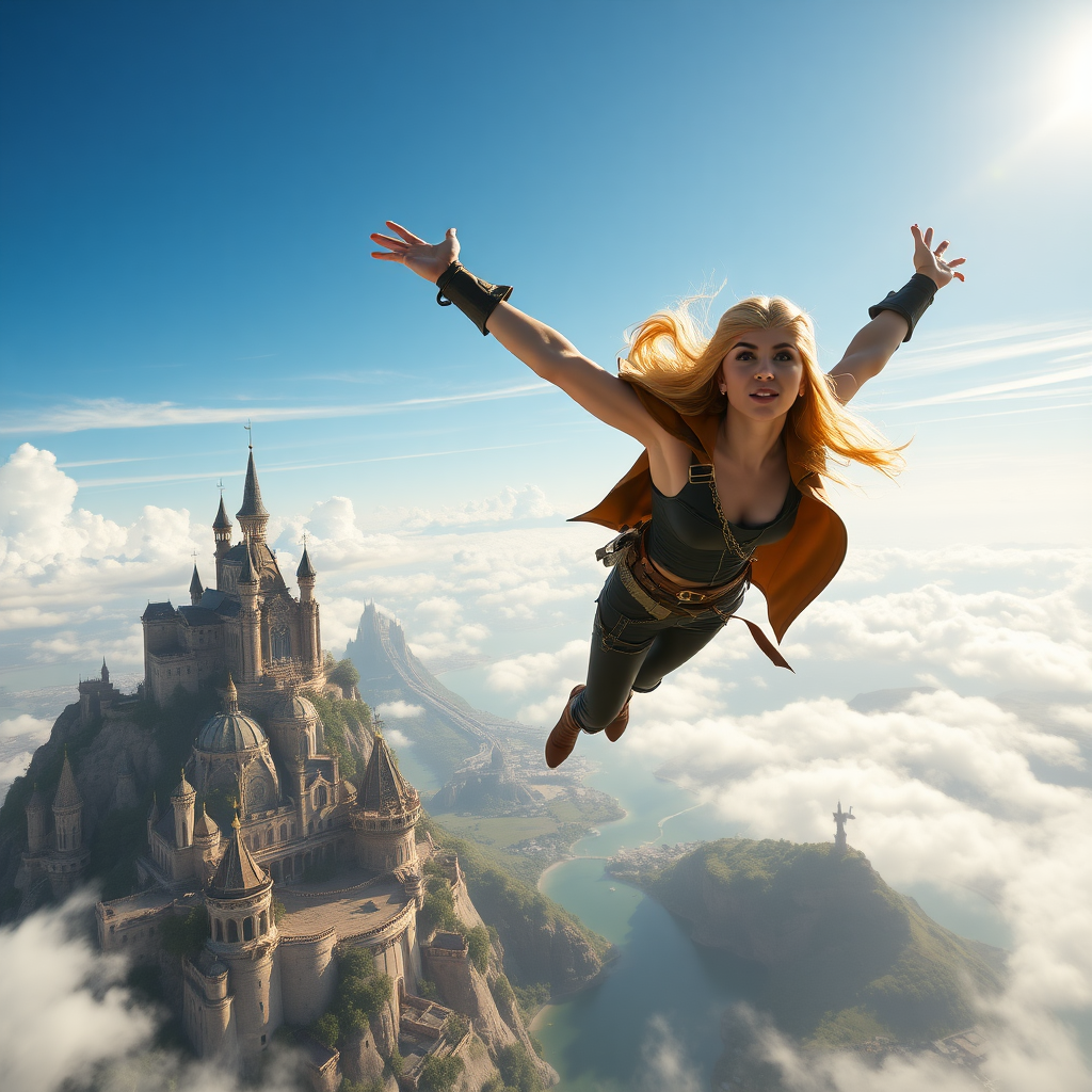 A woman cosplaying as Venture Bros Female Assassin character Molotov Coqtiz she's flying in the air surrounded by the skyscape of Neverland. The denizens of Neverland are all around with locations on the island clearly visible behind her. Her graceful arms float above her head. In the photographic style of Richard Fegley on DSLR