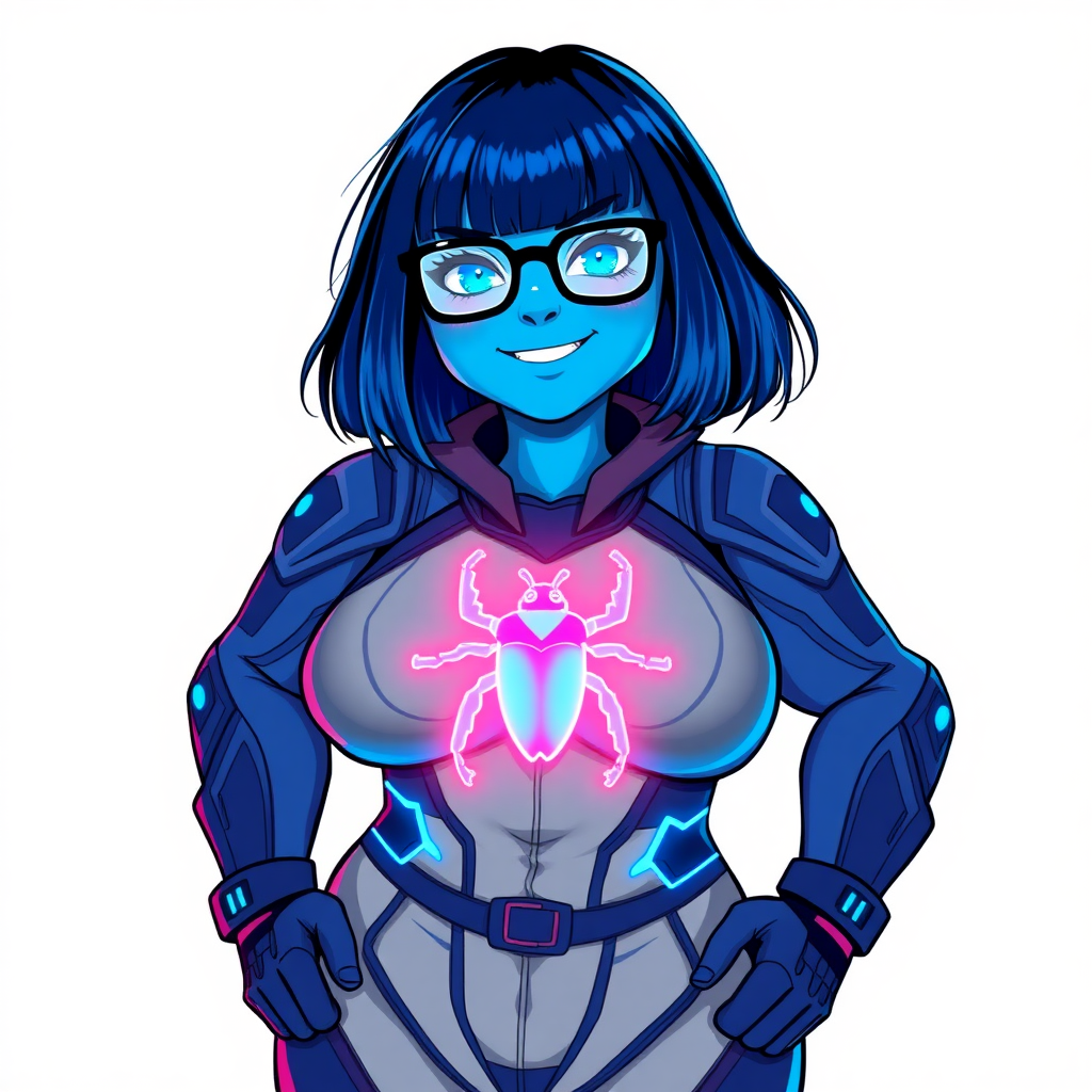 A 29-year-old computer science major, now transformed into a full-figured, nerdy digital sidekick for her cyberpunk vigilante boyfriend, with maximum blue skin. Her bob cut seamlessly blends with her skin, forming part of her data, and her neon blue eyes glow intensely. Her full figure is defined by a prominent round gargantuan midsection, sequoia-sized limbs, and broad shoulders. As a loyal and supportive sidekick, she plays a crucial role in their missions, using her digital skills to assist and protect.

She wears a digital, computerized bodysuit which blends with her hair and skin (appearing to merge together like computer data), all are colored maximum blue. The bodysuit has a glowing neon blue beetle chest icon, along with matching high-tech gloves. She bashfully giggles with a neon red blush, emitting neon blue data cubes from her body, set against a solid white background. Heavily pampered by her doting boyfriend, her full figure clearly shows this care. She has the ability to hack into computers and machines, and her nerdiness is blatantly obvious with her black oversized eyeglasses. Her full figure (especially her round gargantuan midsection) is prominently displayed and heavily emphasized. Her outfit is influenced by DC’s Jennifer Knight Phantom Lady but remains distinct. She is drawn as if she was in a retro 2D cyberpunk fighting game. Ensure her skin color is distinct from Inside Out's Sadness and any other character.