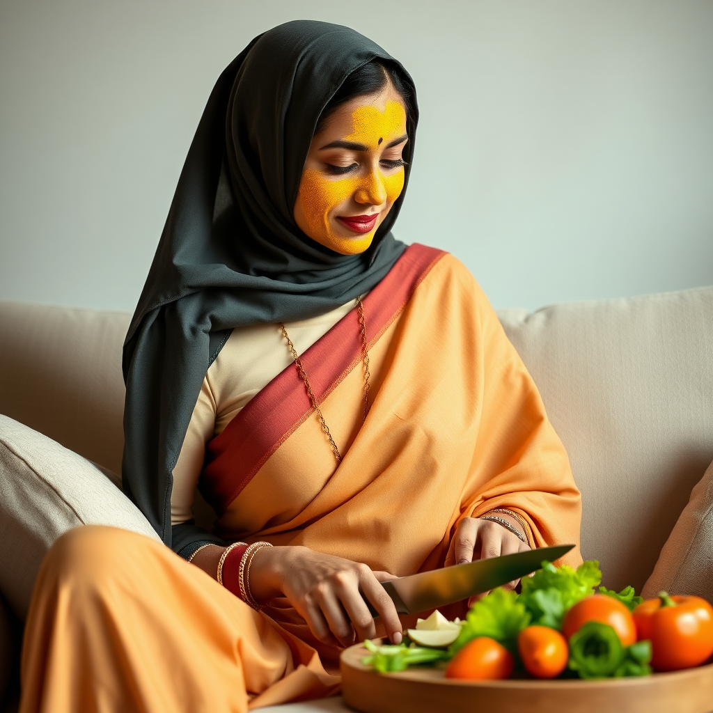 slim, 30 year old, modern indian wife with saree and hijab, turmeric paste on her face. she is sitting on a sofa and cutting vegetables