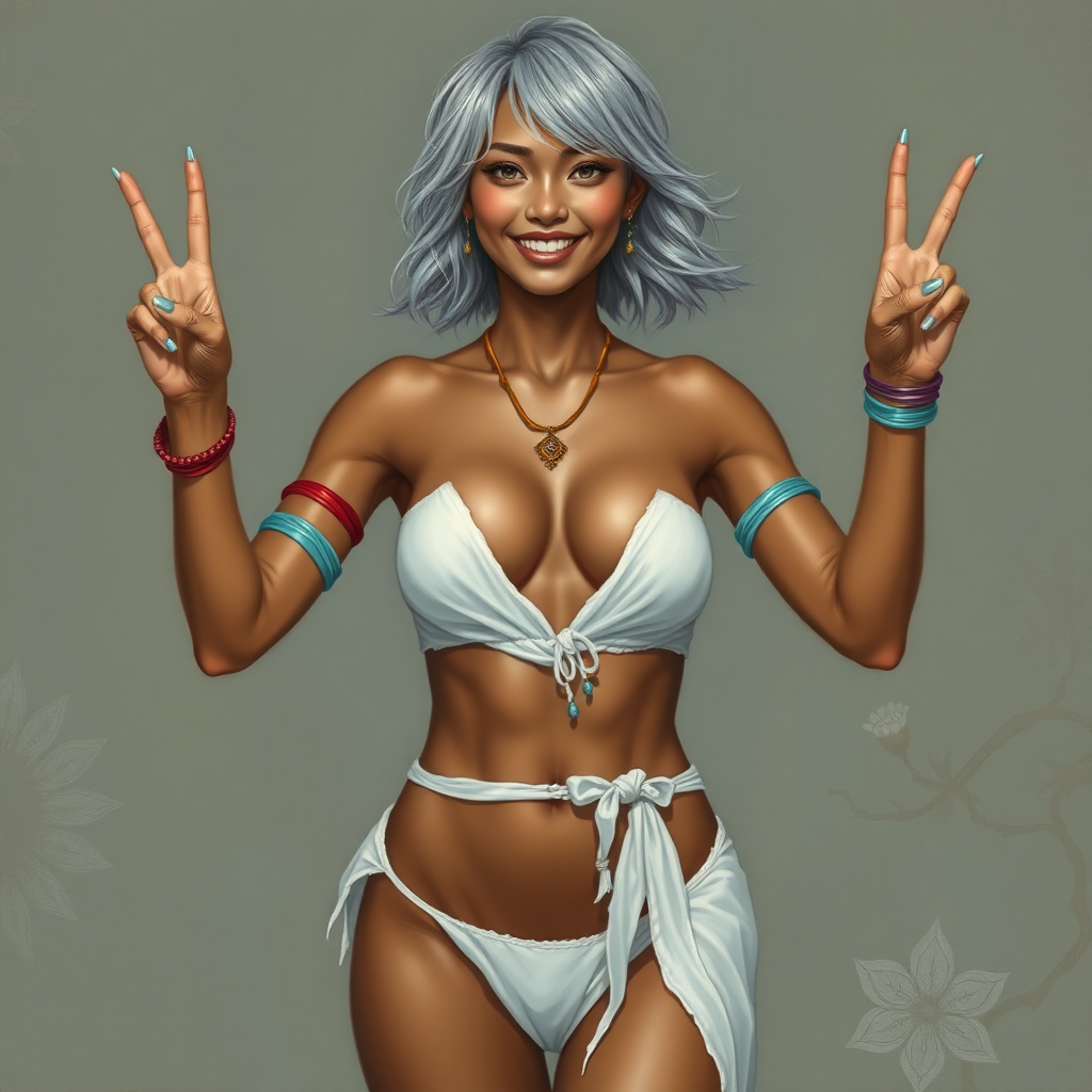 Uncommonly tall for a woman; being 6' (183cm) tall. She has brown skin and short flowing silvery hair. She is barefoot and has long, powerful legs. She has abs and is muscular. Her fingers and toenails are painted sky-blue. Her attire consists of a white primitive scant revealing two-piece bikini-like outfit with pale red, sky-blue, gold and purple bands on her neck, arms, wrists, shins, and ankles. fantasy painting high contrast, asian face. well-drawn, highly detailed, and beautiful rendering. Hands in peace sign, joyful smile