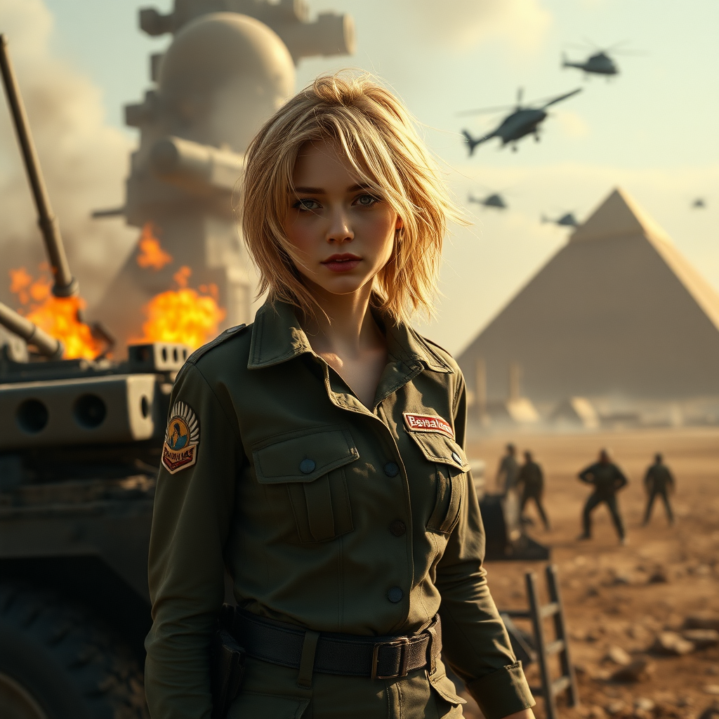 A full body shot of a pretty twenty-something female with a face resembling (ana de armas). strawberry blonde messy shoulder length hair tussled by wind. military outfit, "Benaenae" badge on the breast pocket, long legs, hiding behind a burning vehicle in a battlefield outside fortified pyramid bunker, helicopters, anti-aircraft, giant robots, Hyper-realistic, Photorealistic digital matte painting, soft focus, film grain, lens flare. gritty, dirty, scuffed.