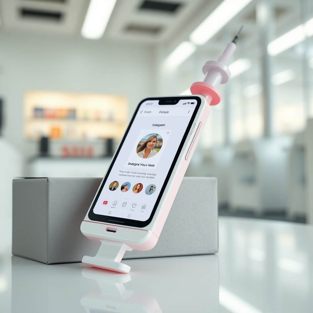 A close-up straight front view of a mobile phone in the shape inspired by a syringe, white pink futuristic, kept for sale leaning to a box, in a showroom, metallic body, touchscreen phone with Instagram page open on screen, needle on top, whitepunk.