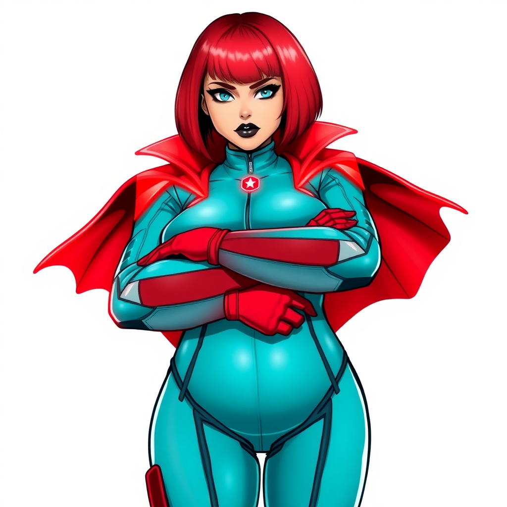 A 26-year-old heavy-set, mystical vigilante detective with a bright red bob cut, black lipstick, and piercing bright blue eyes. She has a new non-athletic build, now highlighted by a prominent, round, gargantuan midsection (with the full emphasis on her belly), which shows the aftermath of her vigilante big brother figure's pampering. Despite her new physique, she displays her usual confidence. She wears a high-tech, tight-fitting, maximum turquoise biker suit (accentuating her gargantuan belly), complemented by a glowing neon red cape and high-tech red gloves. Her stance is firm and resolute, arms crossed, exuding a no-nonsense attitude. Her costume reflects the influence of DC New 52 Prime Earth’s Phantom Lady, Jennifer Knight, while her pose embodies the moral ambiguity and determination reminiscent of DC’s Pax Americana’s The Question. She is on a solid white background. She is drawn as if she was in a retro 2D cyberpunk fighting game.