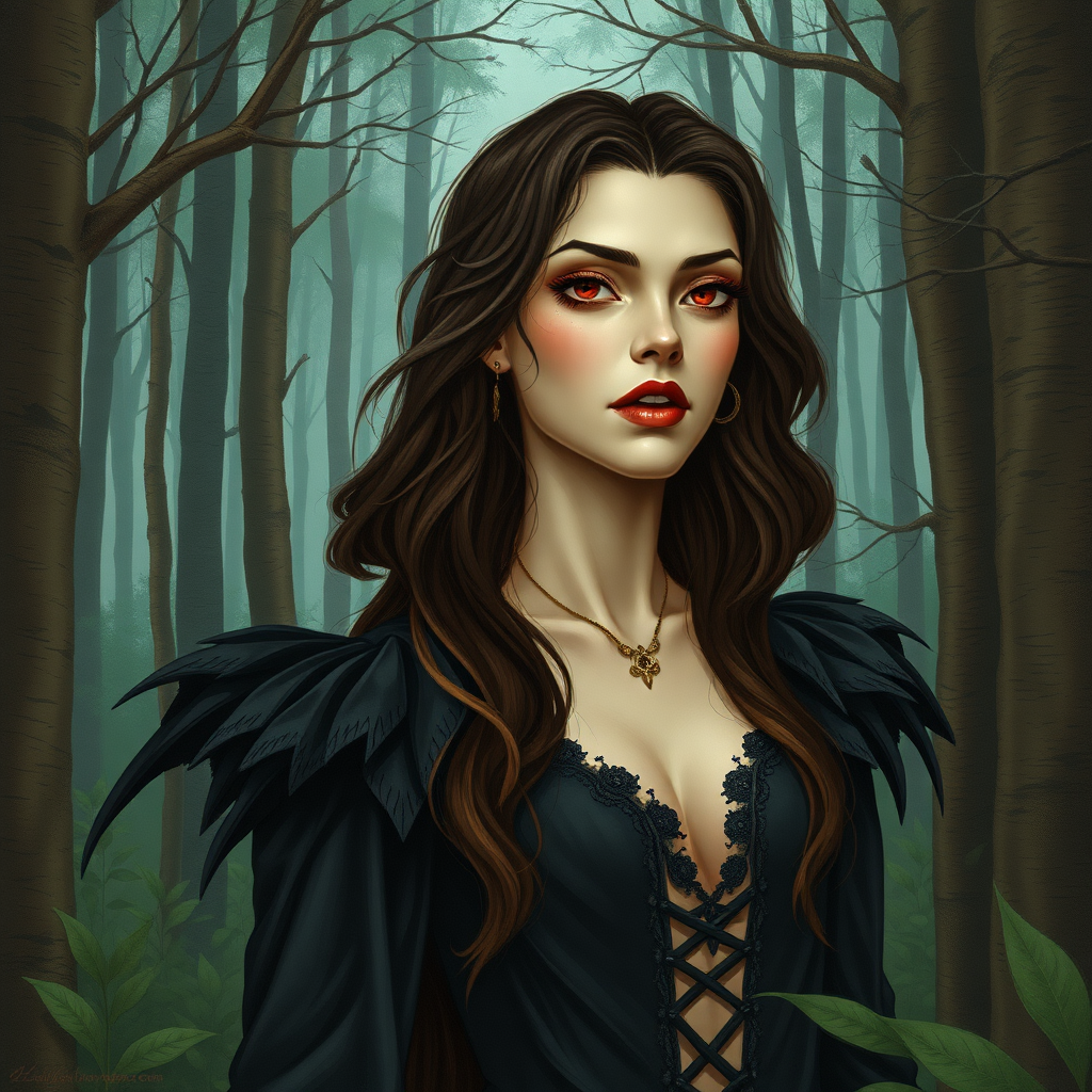 A classic forest scene with an attractive and gorgeous vampire. The scene is lush with the art styling of Linda Ravenscroft.