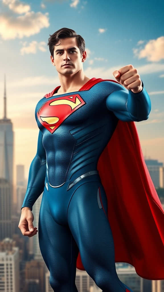 Create a full-length photorealistic image of Superman, featuring the musculature of Elastigirl, while preserving his head, hairstyle, and facial features intact. Retain the original Superman costume, enhancing it with embellishments that accommodate the new proportions. Design a background inspired by both characters, blending elements of Superman's iconic cityscape with the vibrant, playful aesthetic of Elastigirl's world. The overall scene should showcase a dynamic pose that emphasizes strength and flexibility, capturing the essence of both superheroes in a cohesive and imaginative setting.