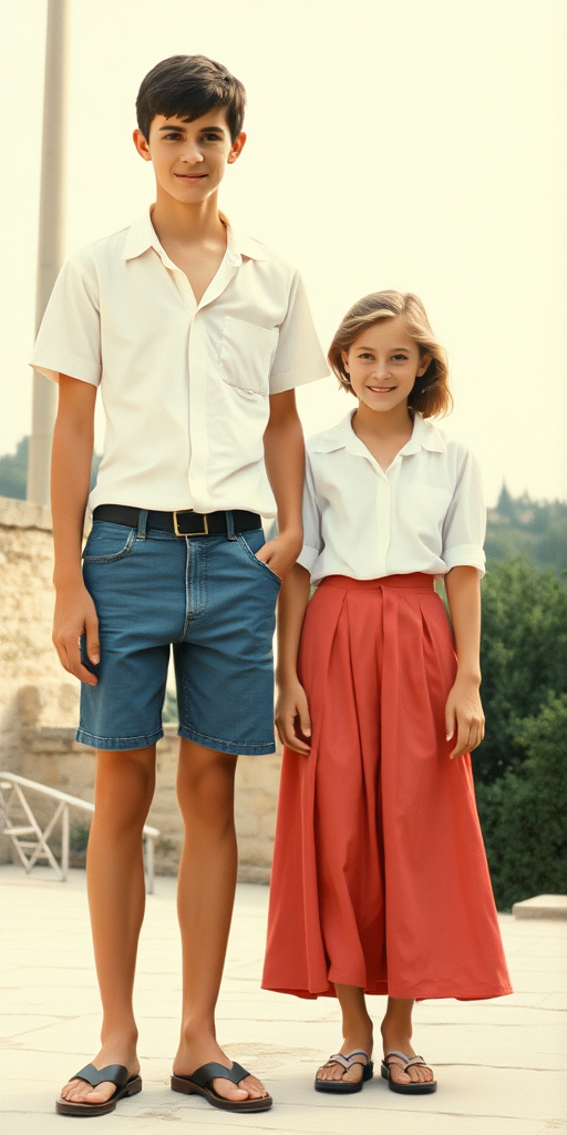 Vintage photo, 1980s. Hot summer. Israel. A tall skinny 13yo teen boy wearing short shirt, tight booty shorts, long legs, bare thighs. With a girl wearing shirt, long skirt. Full length view.