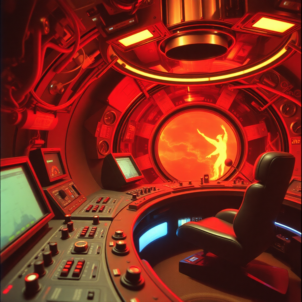 highly detailed Kodachrome color real British surrealist photograph from 1974 of Set the controls for the heart of the earth  
The silver machine is worth more than you're worth  
But the Phoenix soul is bound for rebirth  
What a good way to go  
What a good way to go  
In the aerospaceage inferno