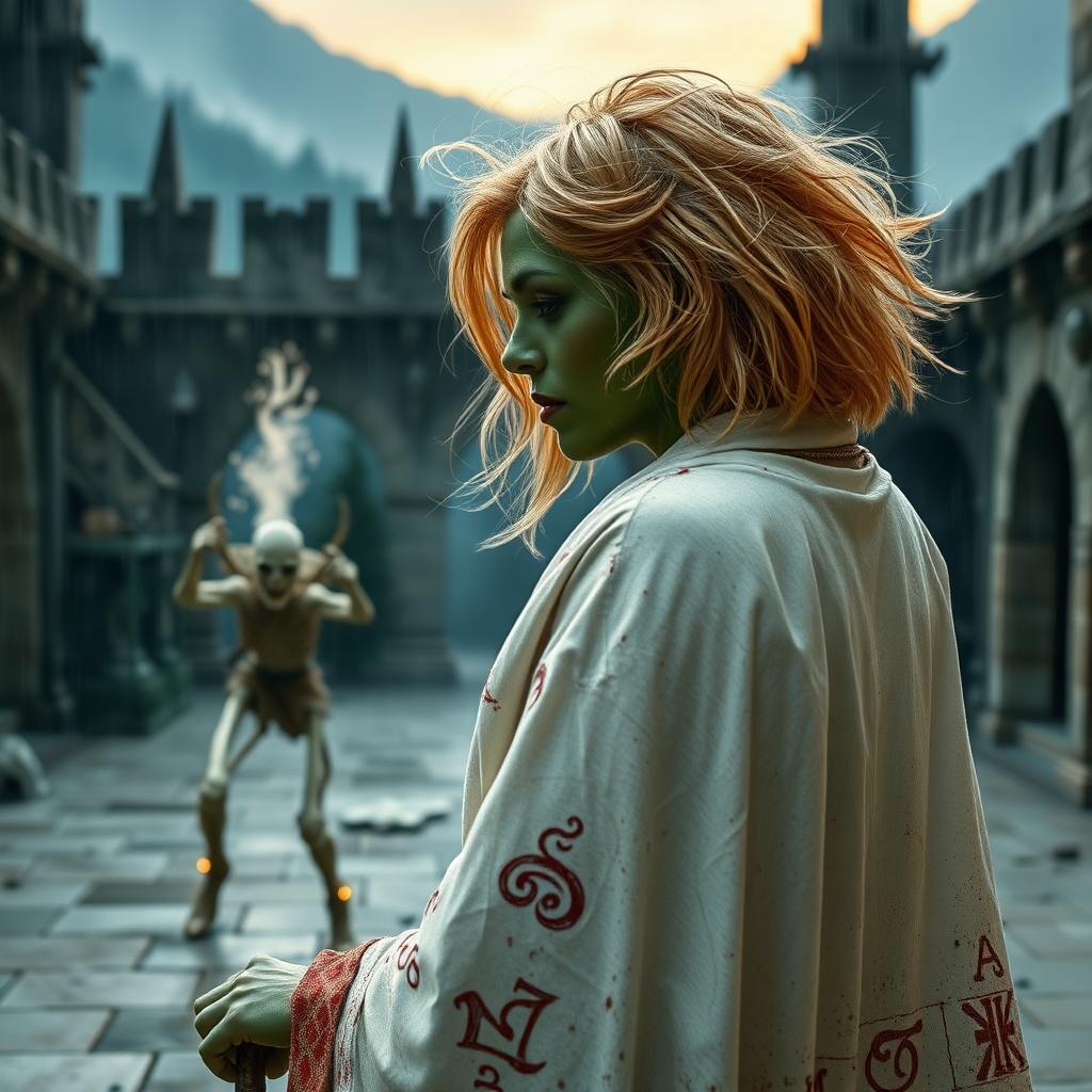 A full body shot of a pretty twenty-something female orc wizard with a face resembling (Ana de Armas). Green skin. Facing towards a skeleton warrior that is running toward her, she casts a laser spell at it, striking it in the head. Strawberry blonde messy shoulder-length hair tussled by wind. White robes covered in runes, magic aura swirling around her visibly, magic staff with a gem. It is dawn. She is bleeding and covered in soot and dirt. Inside a castle courtyard. Forest and mountains, rain. Hyper-realistic, photorealistic digital matte painting, soft focus, film grain, lens flare. Gritty, dirty, scuffed.