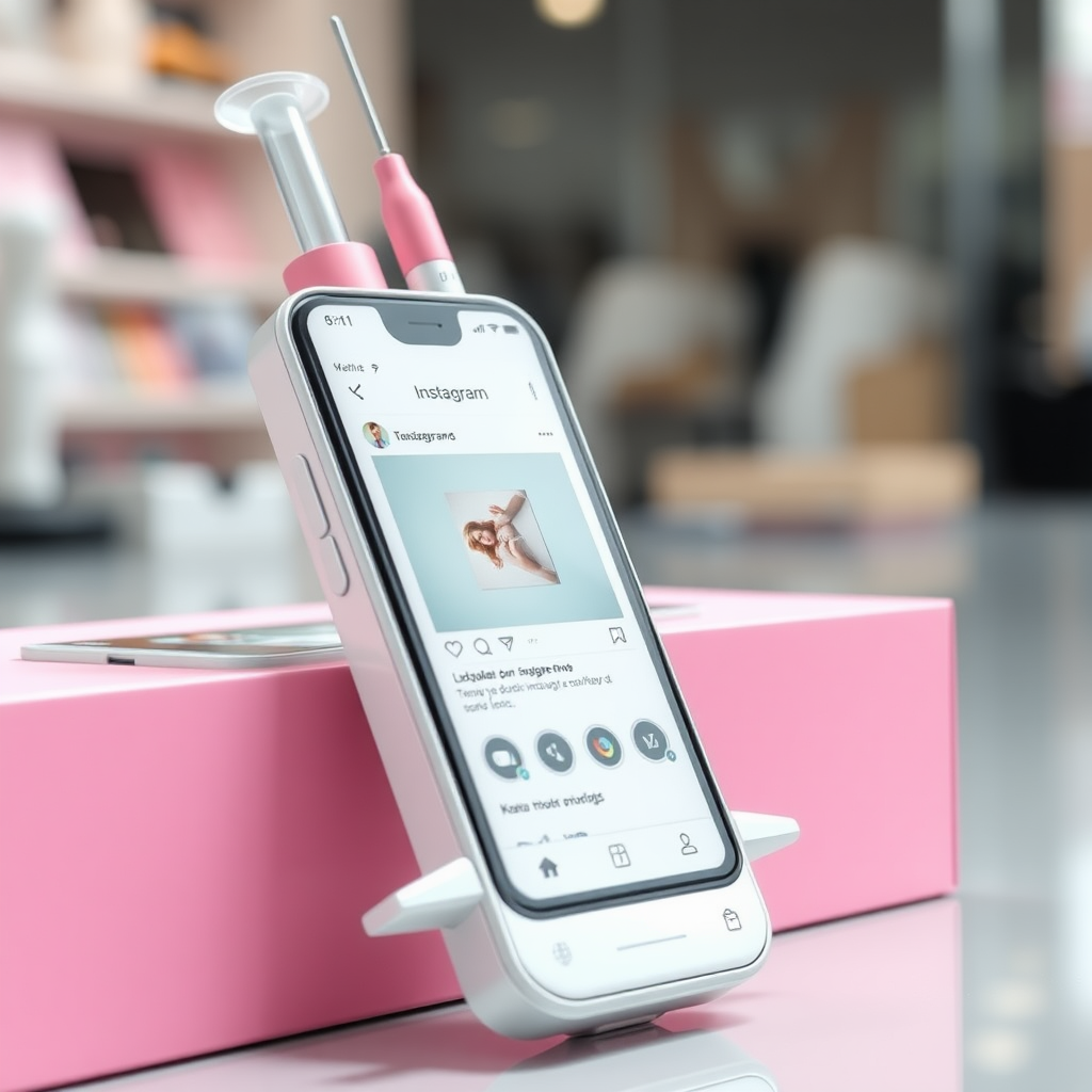 A close-up straight front view of a mobile phone in the shape inspired by a syringe, white pink futuristic, kept for sale leaning to a box, in a showroom, metallic body, touchscreen phone with Instagram page open on screen, needle on top, whitepunk.