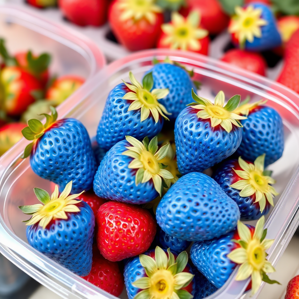 blue colored strawberries in a plastic container