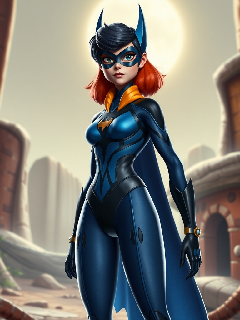 Generate a full-length rendered image of Nightwing featuring the female figure of Wilma Flintstone as the body. Retain Nightwing's head, hairstyle, and facial features intact. Adapt Nightwing's costume, integrating embellishments from Wilma's outfit, ensuring the design fits the new proportions. Create a unique background, drawing inspiration from both characters’ worlds, blending elements characteristic of Nightwing's Gotham and the vibrant, prehistoric setting of the Flintstones.