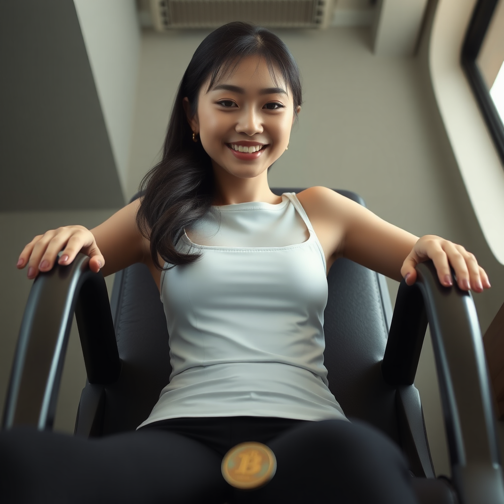 photo low angle full body shot beautiful xiaomeimei looking down. She is sitting on a chair. she is grinning. her arms are on the armrests. there is a coin on the floor in front of her