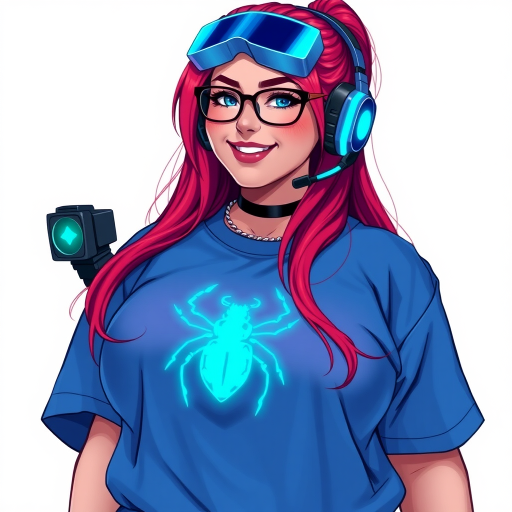 A cyberpunk vigilante’s full-figured intelligent and tech-savvy 29-year-old girlfriend, who is a computer hacker and tech genius. She has a long ruby red ponytail and bright blue eyes. She wears a sapphire beetle gemstone necklace, and an oversized maximum blue t-shirt featuring a neon blue glowing icon of a beetle on its chest. She has a full-figured physique with a prominent, gargantuan, round midsection, reflecting her well-cared-for lifestyle. She sports a sapphire headset with hi-tech maximum turquoise lensed HUD visor, black eyeglasses, and a beaming smile with a passionate bright red blush. Despite her figure and a lack of self-esteem, she radiates beauty. She has a slim face which contributes to her radiant beauty. She serves as his tech expert from his hideout, diligently working at her lab table and computer desk. The background is solid white. She is drawn as if she was in a retro 2D cyberpunk fighting game.