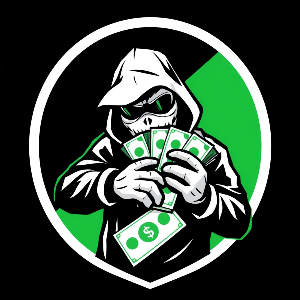 A logo art of a hacker holding lots of money. Black and white and dark green for the cash