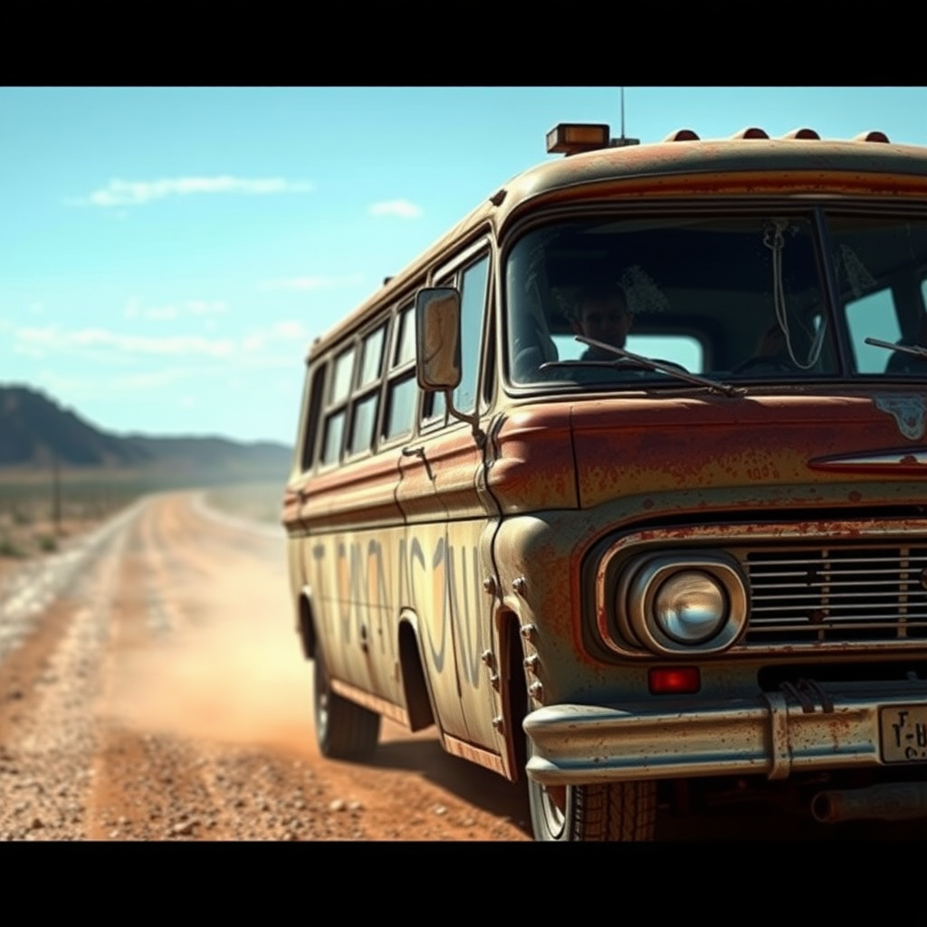 Ford Falcon Mad Max post-apocalyptic dust rusty zombie the bus is parked on the side of the road, inspired by Taiyō Matsumoto, tumblr, restomod, nd4, c4