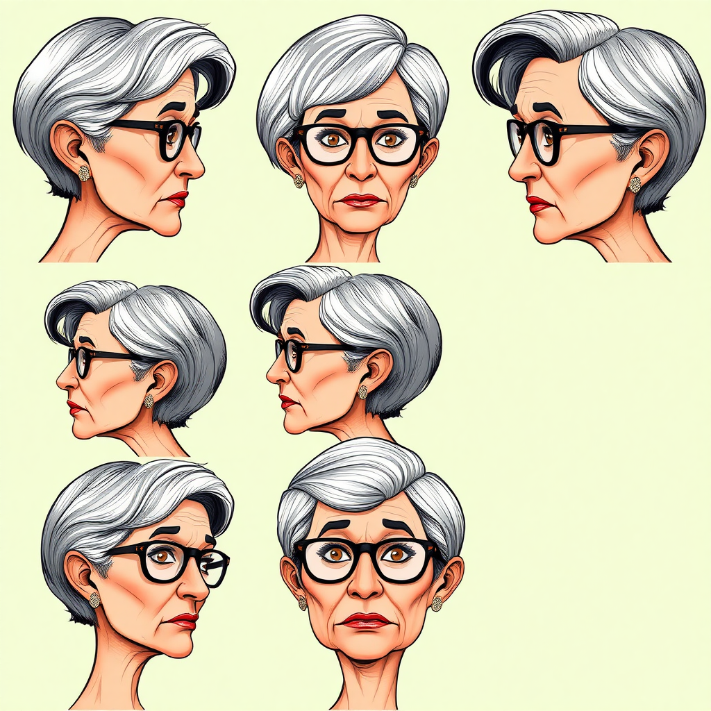 Photorealistic image of six headshots of a 55 Years old, European, Latina, sharp aquiline nose, wrinkles, high cheekbones, Middle Eastern, Skinny, Tanned skin, Dark light skin, full Makeup, jewelry, Sharp nose, frowning, astonished, shocked, dark grey Ash hair, short bowl haircut, Brown eye color, Glasses, with detailed features. Each photo displays the same face in profile and front view, cut out and isolated on a green background. All six heads are visible side by side, empty space around each view, no overlapping. 2D, caricature, cartoon, Sketch lines, coloring book style, well composed, clean coloring book page, No dither, no gradient, strong outline, vector illustration