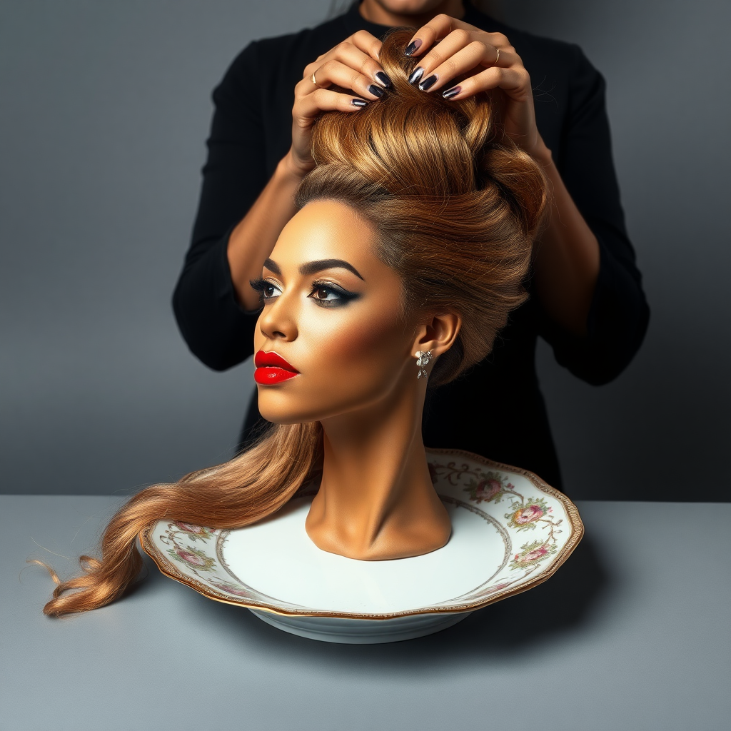 In an avant-garde tableau, a strikingly beautiful, disembodied head of a fashion icon reminiscent of Beyoncé rests elegantly on an ornate, vintage plate, its delicate china adorned with intricate floral patterns. Her long, luscious hair cascades down, shimmering like molten gold, while each strand catches the light, creating a halo effect around her perfectly sculpted features. Her chin rests gracefully on the edge of the plate, accentuating her strong jawline and full, inviting lips, which are painted with a bold crimson hue.

Behind her stands a dedicated hairdresser, dressed in chic, all-black attire, exuding a sense of calm concentration as they skillfully gather the flowing locks. The hairdresser’s fingers move deftly, weaving her hair into an impressive, towering updo reminiscent of a regal crown, adding height and drama to the surreal scene. The atmosphere is imbued with a quiet intensity, and the air is rich with the scent of high-end hair products—a blend of floral notes and smooth vanilla.

The background is a plain, muted gray, providing a stark and minimalist canvas that amplifies the surrealism of the arrangement, allowing the viewer to focus entirely on the exquisite details and craftsmanship at play. The contrast between the opulence of the subject and the simplicity of the setting creates a captivating visual narrative, engaging the viewer's imagination and inviting deeper reflection on themes of beauty and identity.