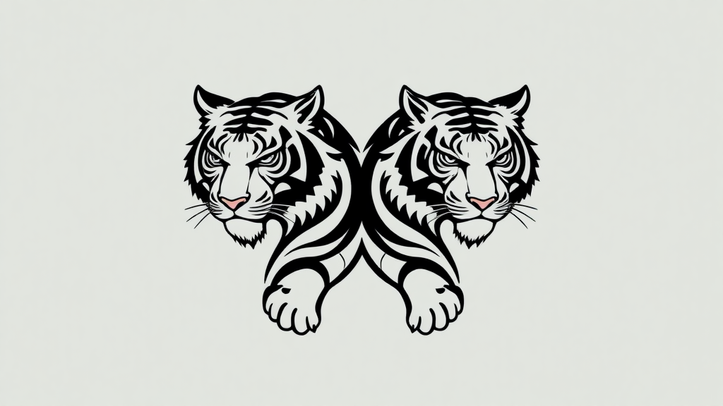 Create a minimalist, monochromatic logo design of two serene tigers in the style of Sak Yant tattoo art. The tigers look calm, not fierce or scary.