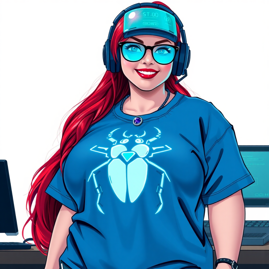 A cyberpunk vigilante’s full-figured intelligent and tech-savvy 29-year-old girlfriend, who is a computer hacker and tech genius. She has a long ruby red ponytail and bright blue eyes. She wears a sapphire beetle gemstone necklace, and an oversized maximum blue t-shirt featuring a giant neon blue glowing icon of a beetle on its chest. She has a full-figured physique with a prominently, gargantuan, well-rounded midsection, reflecting her well-cared-for lifestyle. She sports a sapphire headset with hi-tech maximum turquoise lensed HUD visor, black eyeglasses, and a beaming smile with a passionate bright red blush. Despite her figure and a lack of self-esteem, she radiates an air of beauty. She has a slim face which contributes to her radiant beauty. She serves as his tech expert from his hideout, diligently working at her lab table and computer desk. The background is solid white. She is drawn as if she was in a retro 2D cyberpunk fighting game. Ensure her shirt covers her midsection.