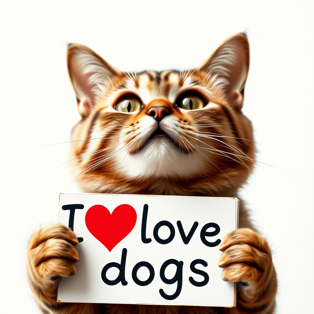 cat holding a sign that says "I love dogs"