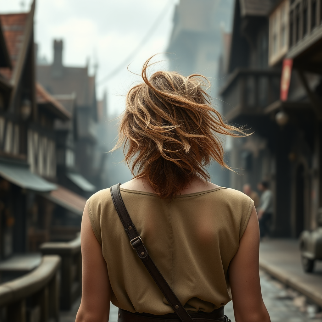 A wide distance shot from behind of a pretty twenty-something elven female with a face resembling (Ana de Armas). She is walking through a Dungeons and Dragons port called Waterdeep. Messy shoulder-length hair tussled by wind. Photorealistic, digital matte painting, WLOP.