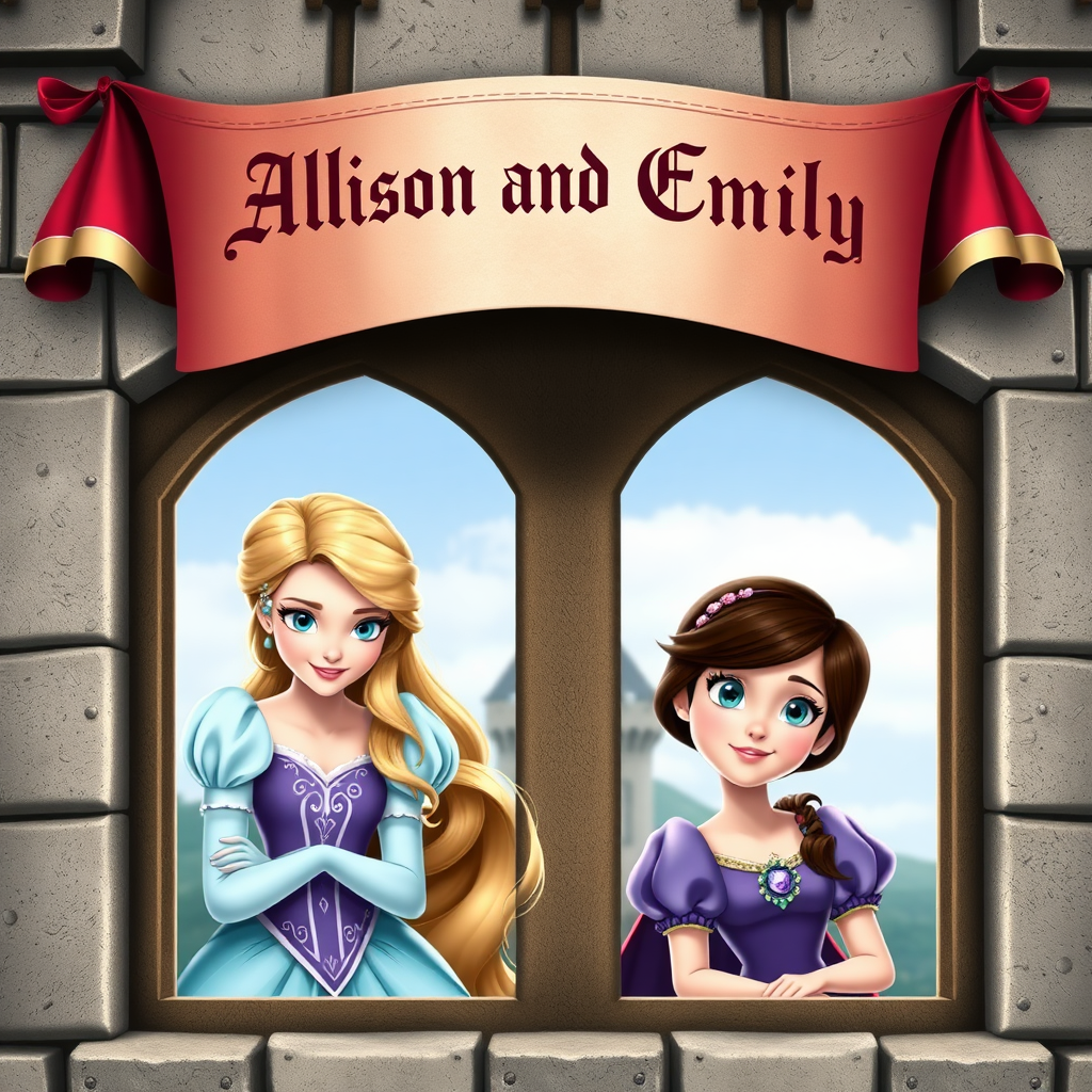 Two photo realistic princesses, one with light brown hair, blue eyes and aqua colored dress and the other with short brunette hair, blue eyes and purple dress peeking out the window of a castle with a medieval banner overhead saying "Allison and Emily"