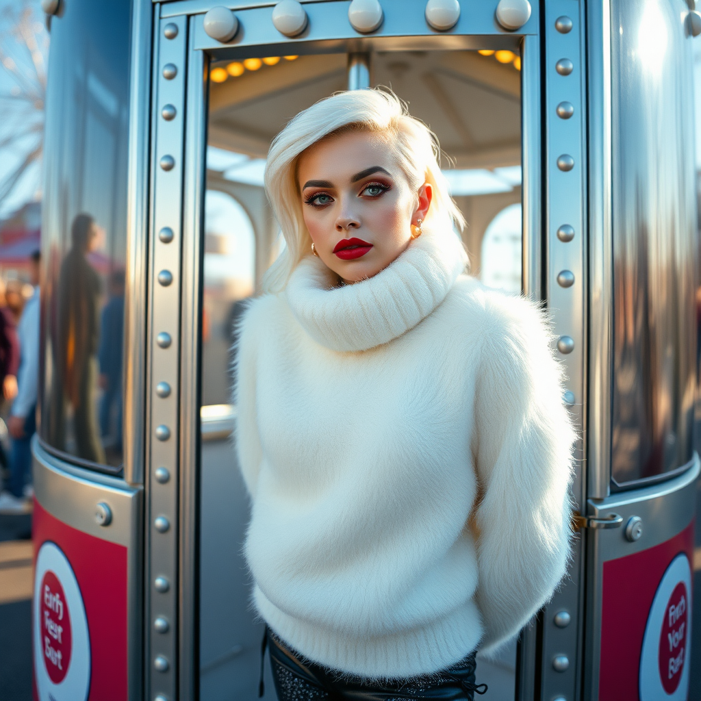 Amusement park “kissing booth,” sunny spring Sunday morning. Sam, 19 years old beautiful involuntary femboy, rebellious intractable character, petite boyish figure, platinum blond boyish rebel punk hairstyle, flawless heavily made-up face with sharp arched tattooed eyebrows, very enlarged red glossy lips, wearing Supertanya-style fluffy very fuzzy bright white angora thigh-length turtleneck-poncho fully covering body and arms, silver-glitter leggings, black leather high-heeled pumps, silver earrings, both hands tied to pole behind back, standing inside kissing booth, waiting for next customer to kiss. Focus on Sam’s face and turtleneck-poncho.