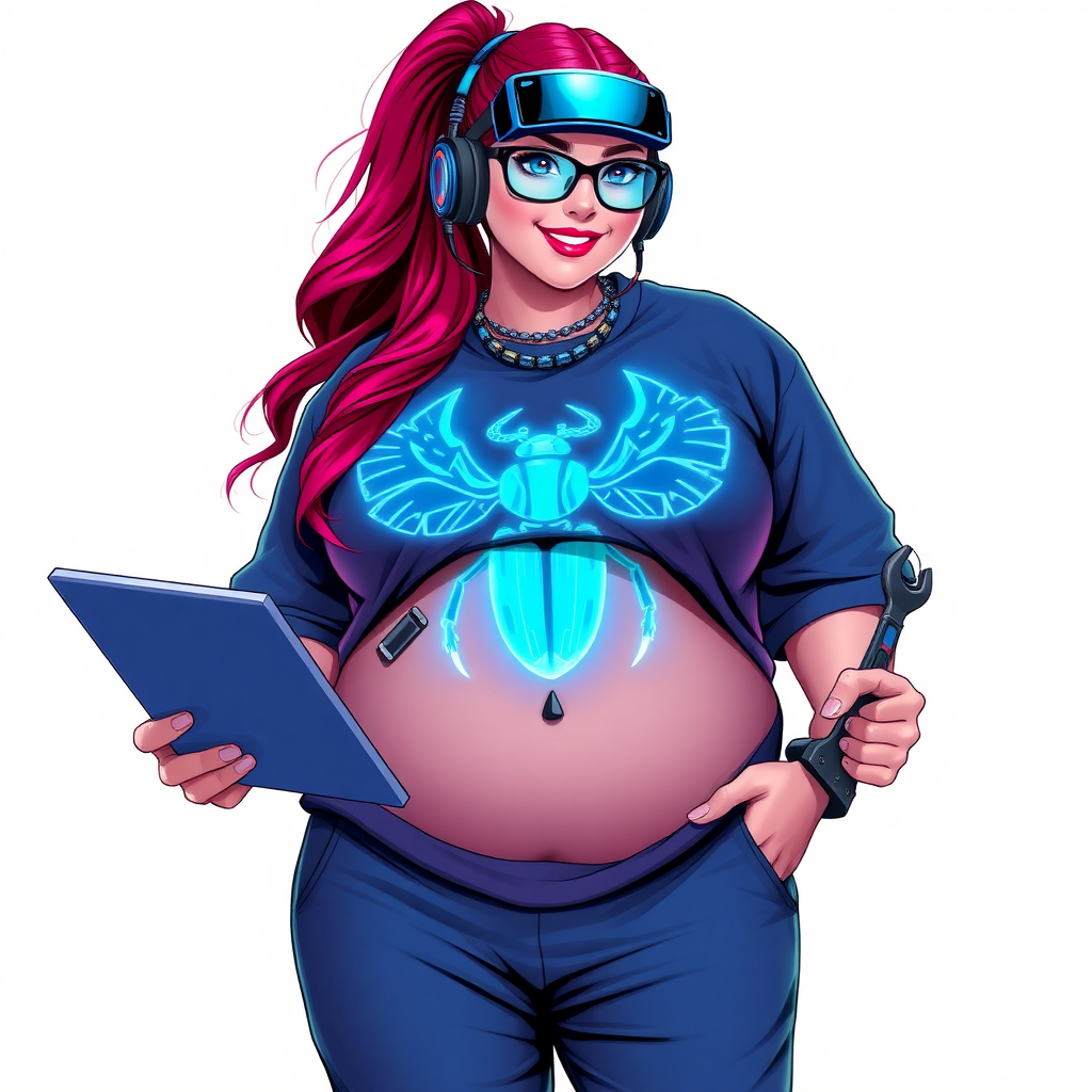 A cyberpunk vigilante’s full-figured intelligent and tech-savvy 29-year-old girlfriend, who is a computer hacker and tech genius. She has a long ruby red ponytail and bright blue eyes. She wears a sapphire beetle gemstone necklace, an oversized Maximum Blue (RGB 71, 171, 204) t-shirt featuring a giant glowing neon blue chest icon of a winged beetle, and matching Maximum Blue sweatpants. She has a full-figured physique with an enormous, well-rounded midsection, reflecting her well-cared-for lifestyle. She sports a sapphire headset with a hi-tech Maximum Blue (RGB 71, 171, 204) lensed HUD visor, Maximum Blue (RGB 71, 171, 204) lipstick, black eyeglasses, and a beaming smile with a passionate bright red blush. Despite her figure and a lack of self-esteem, she radiates an air of beauty. She has an angular face which contributes to her radiant beauty. She serves as his tech expert from his hideout, holding a holographic tablet and a hi-tech tool wrench. The background is solid white. She is drawn as if she was in a retro 2D cyberpunk fighting game. Make sure her outfit covers all her bare skin (especially her enormous midsection).