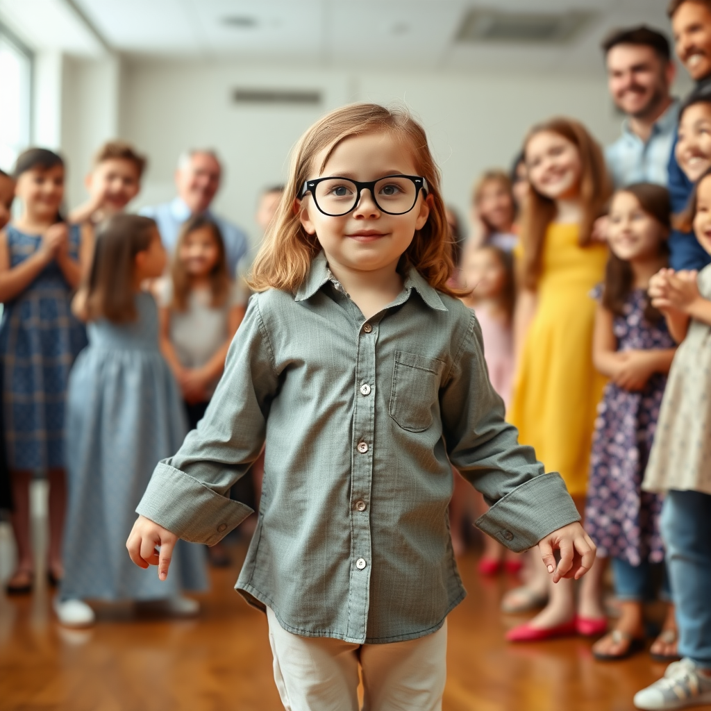 A 5-year-old girl stands amidst a room filled with laughter, her small frame swimming in an adult's button-down shirt that cascades to her ankles, the sleeves flopping over her tiny hands. A pair of spectacles perched comically on her nose, far too big for her face, completes the charming scene of childhood innocence and the joy of dress-up.