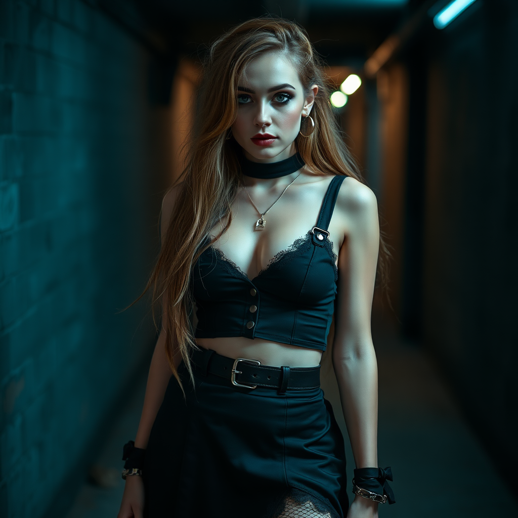 Female rogue urban fantasy photoshoot model, goth clothes crop top and skirt, beautiful and fit, Nikon d850 photograph, daggees, in a dark basement