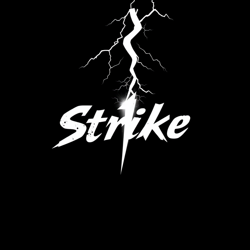 "Strike" with a sharp fort on a black background and with font. Make it with some lightning motives. Black and white