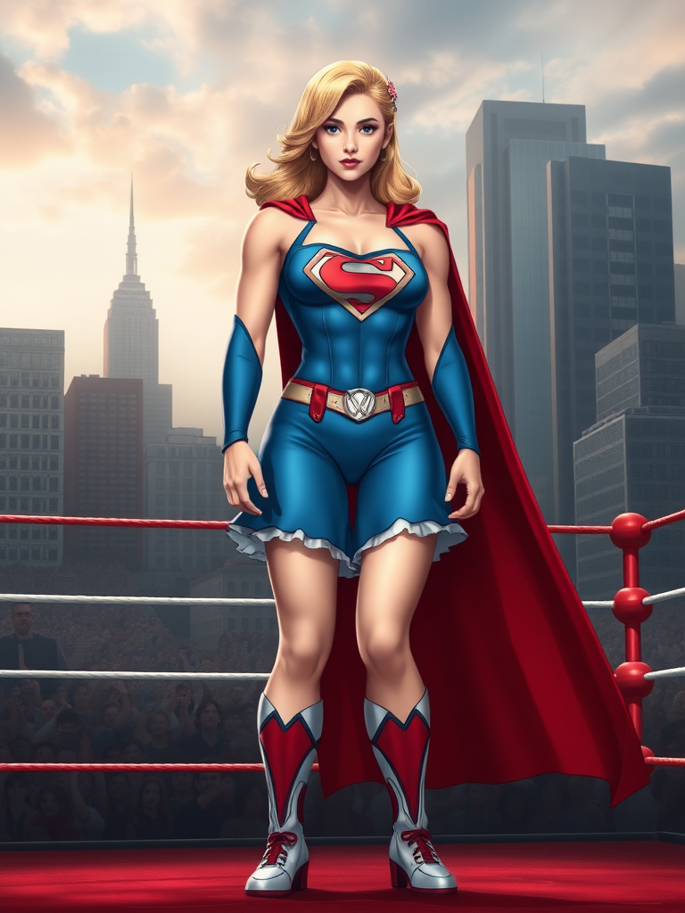 Create a full-length image of Superman with R Mika's feminine body traits excluding head hair and facial features. Maintain Superman's iconic costume but add elements from R Mika's wrestling outfit, including her bolero-style top with a heart insignia and frilly skirt. The character should possess the striking muscular definition, broad shoulders, and athletic build typical of R Mika, combined with the impeccable posture and commanding presence characteristic of Superman. The background should blend Metropolis's skyscrapers with a wrestling ring, reflecting both characters' environments.